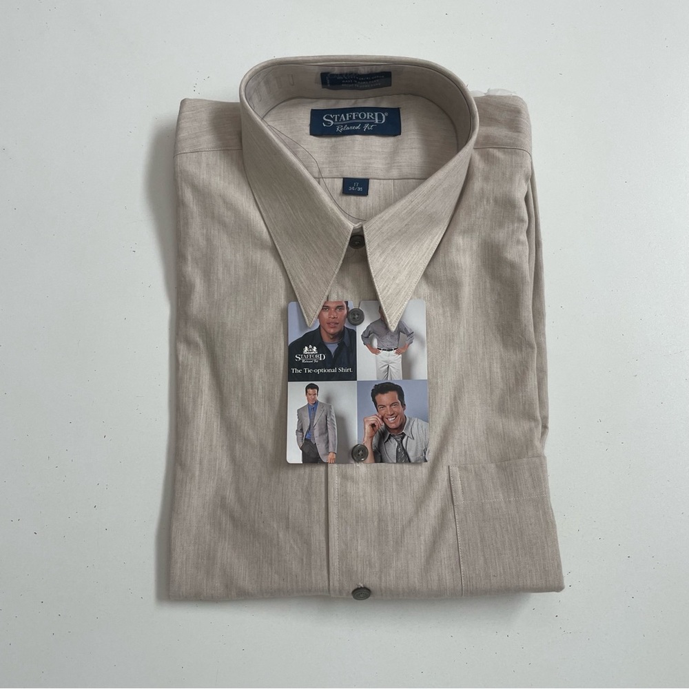 Stafford Dress Shirt Button Up Relaxed Fit Long Sleeve Work Career Beige Tan